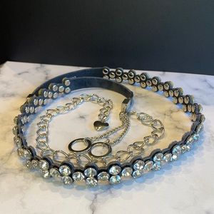 Black Rhinestone & Chain Belt with Heart Dangle